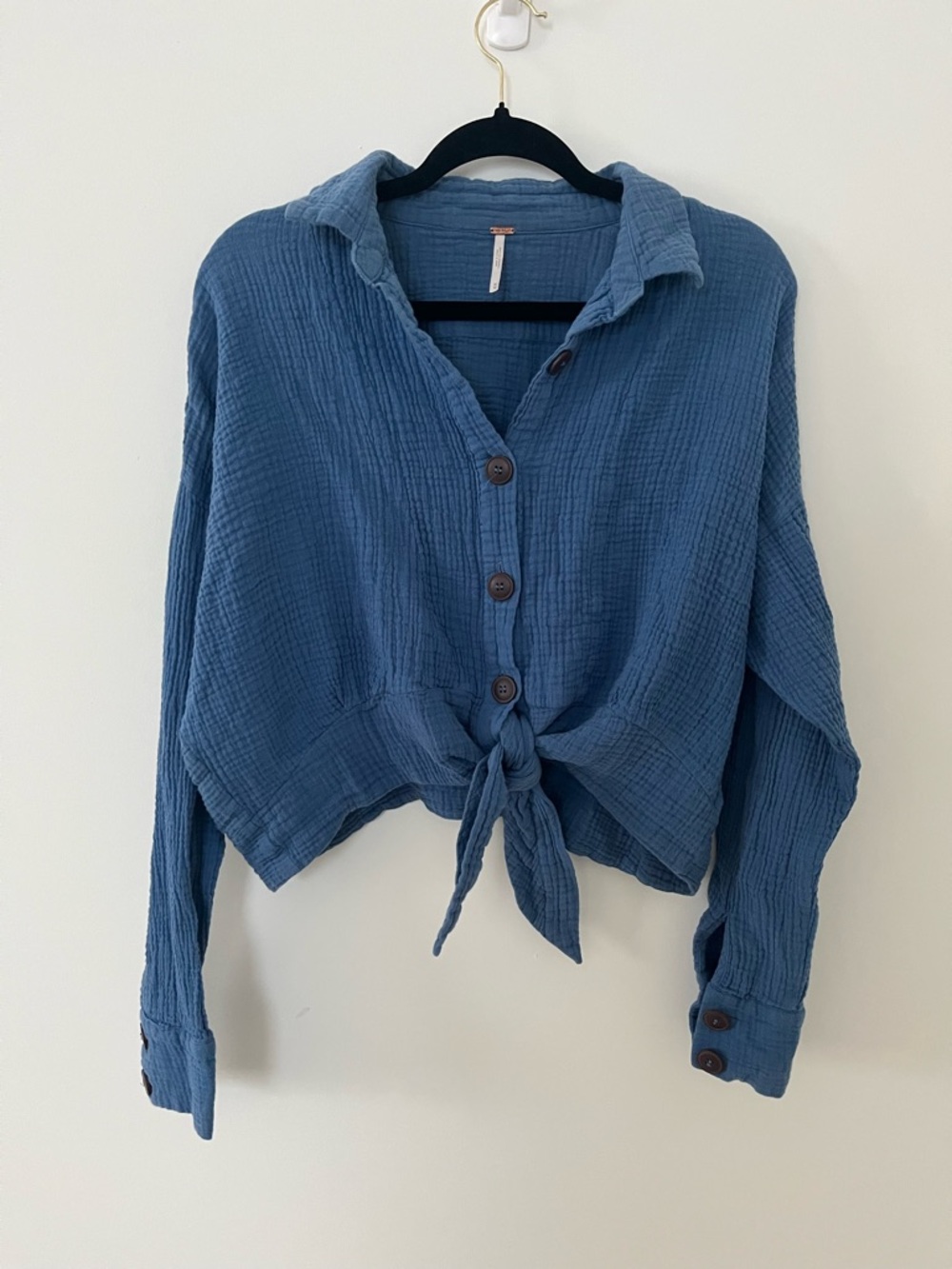 Blue Button-Front Tie-Front Gauze Shirt